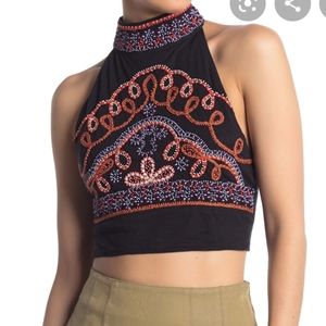 FREE PEOPLE Black Embroidered GOA Crop Top